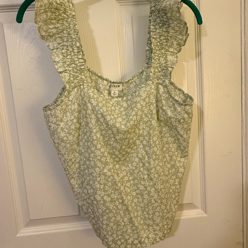 J Crew Sleeveless Ruffle Sleeve Blouse Green & White Floral M New w Tags $69.50